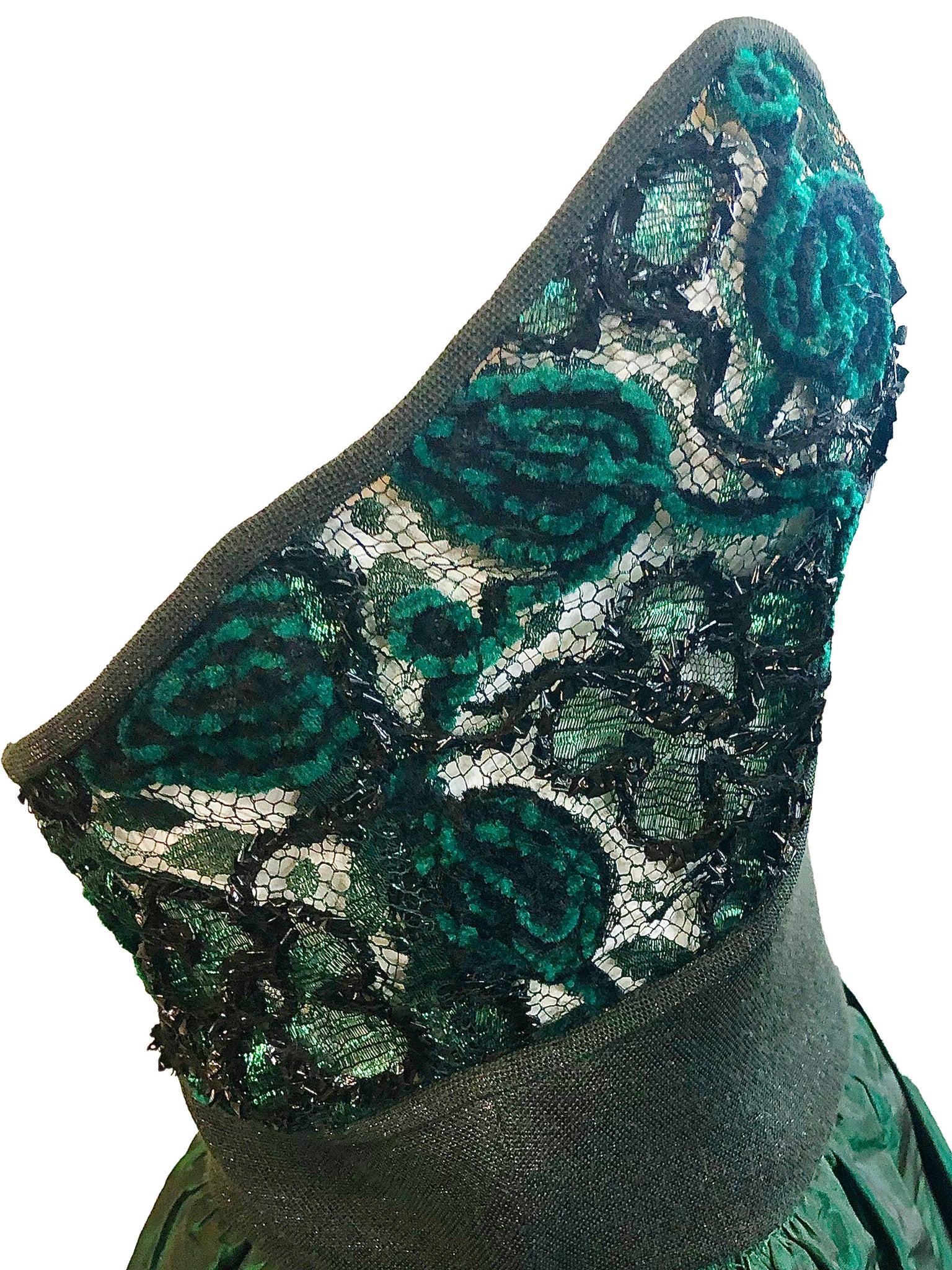 James Galanos 80s Emerald Green Taffeta and Lace Party Dress TOP DETAIL 4 of  6