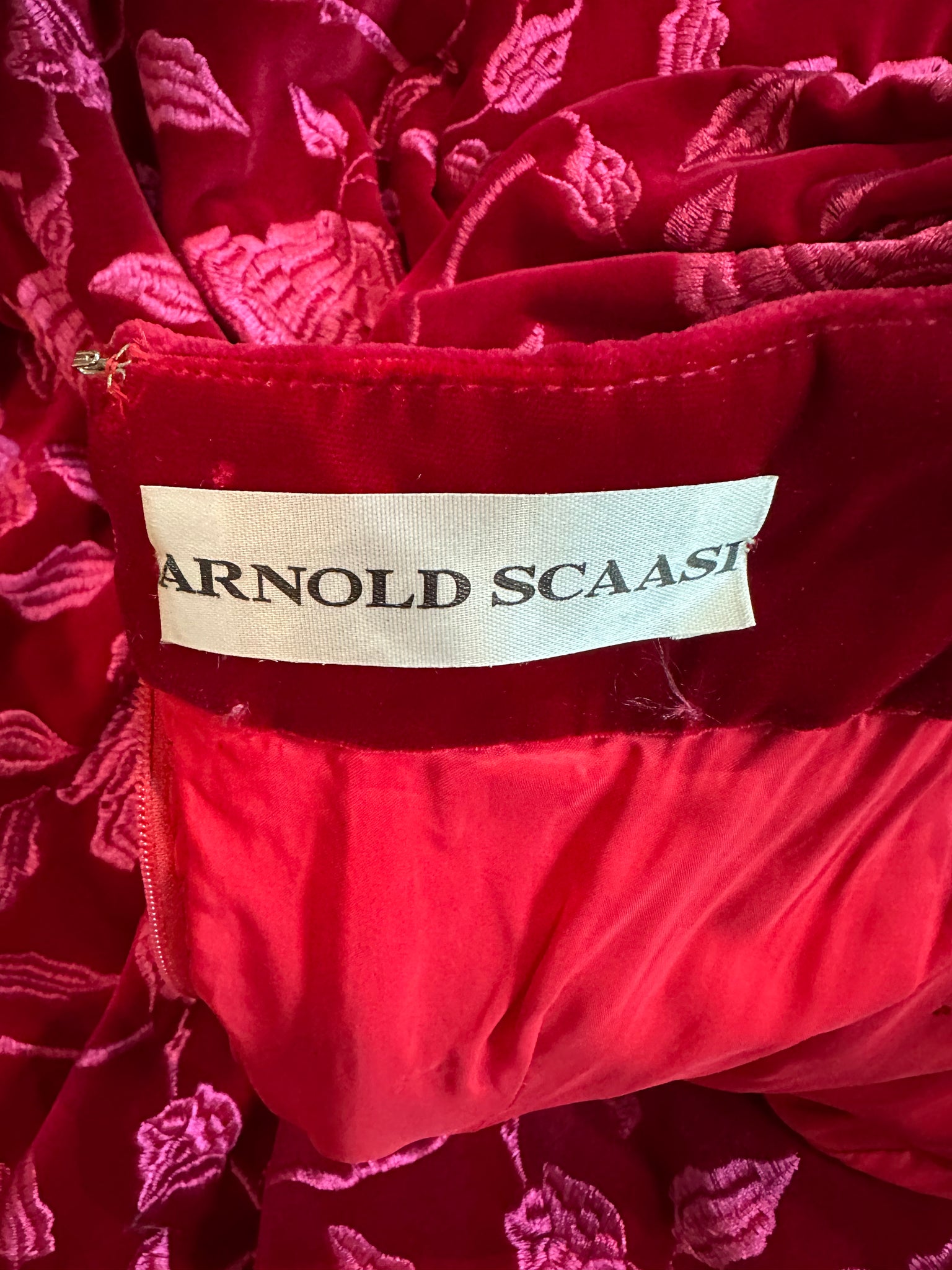 Arnold Scaasi 80s Red Velvet Gown with Pink Embroidery LABEL 6 of 6