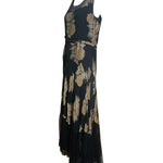 + 30s Lord and Taylor  Black Gold Lame Floral Gown with Mesh Trim and Belt  SIDE 3 of 5