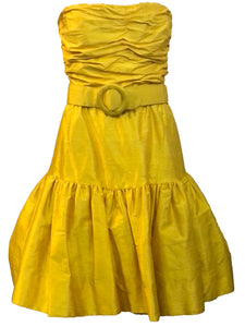  Arnold Scaasi 80s Yellow Raw Silk  Strapless Mini Dress with Belt FRONT 1 of 4