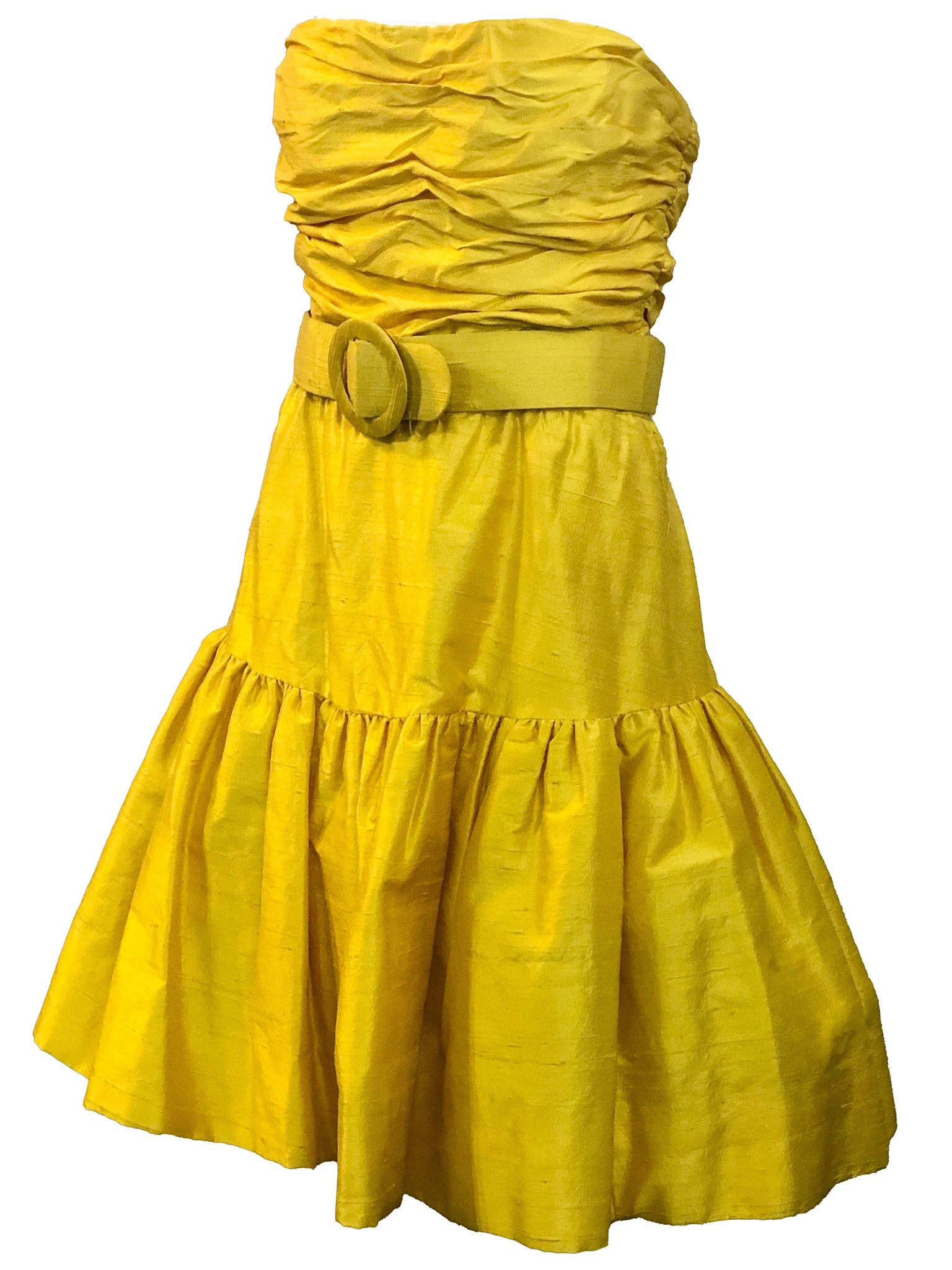 Arnold Scaasi 80s Yellow Raw Silk  Strapless Mini Dress with Belt ANGLE 2 of 4