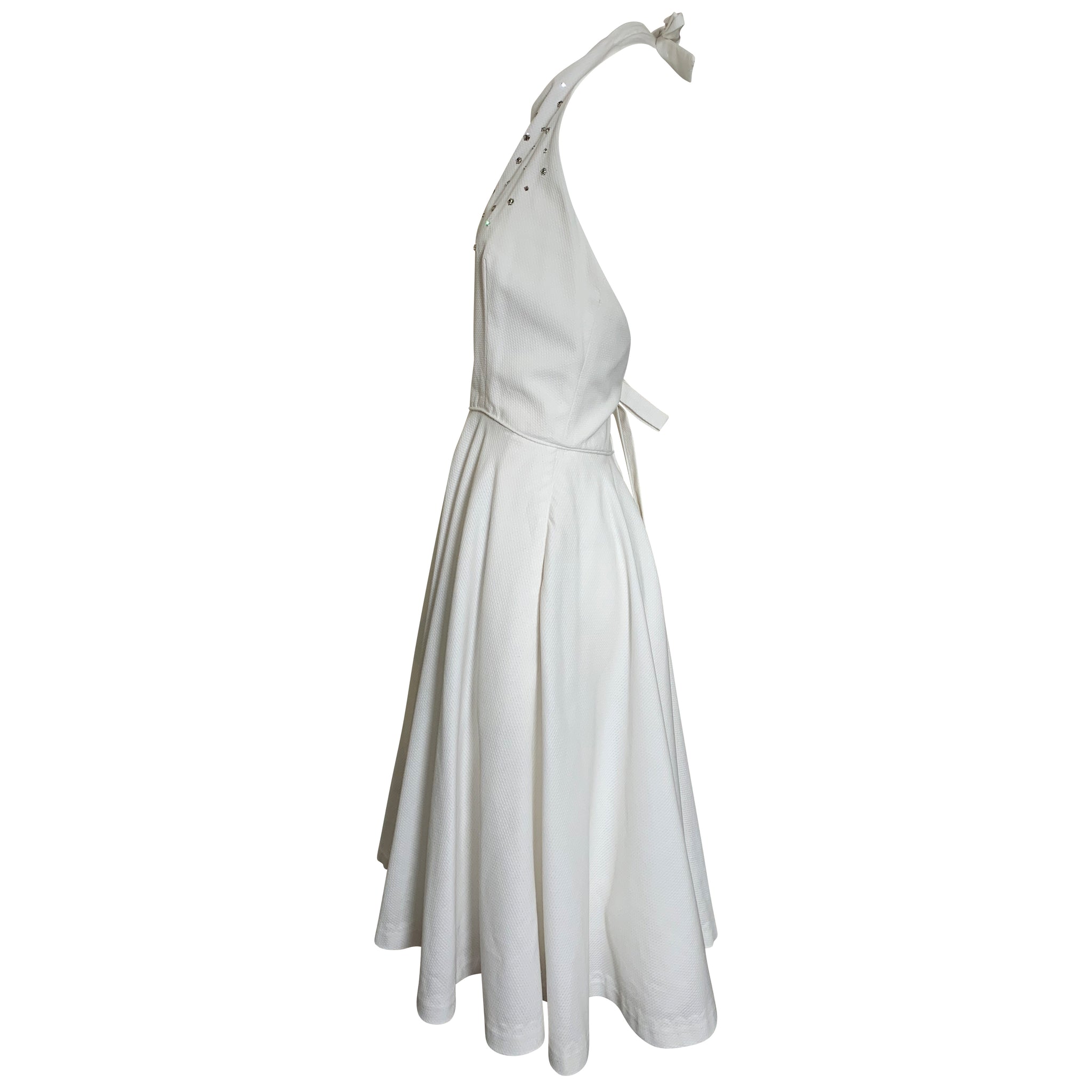 1980s Does 1950s White Pique Halter Dress SIDE 2 of 5