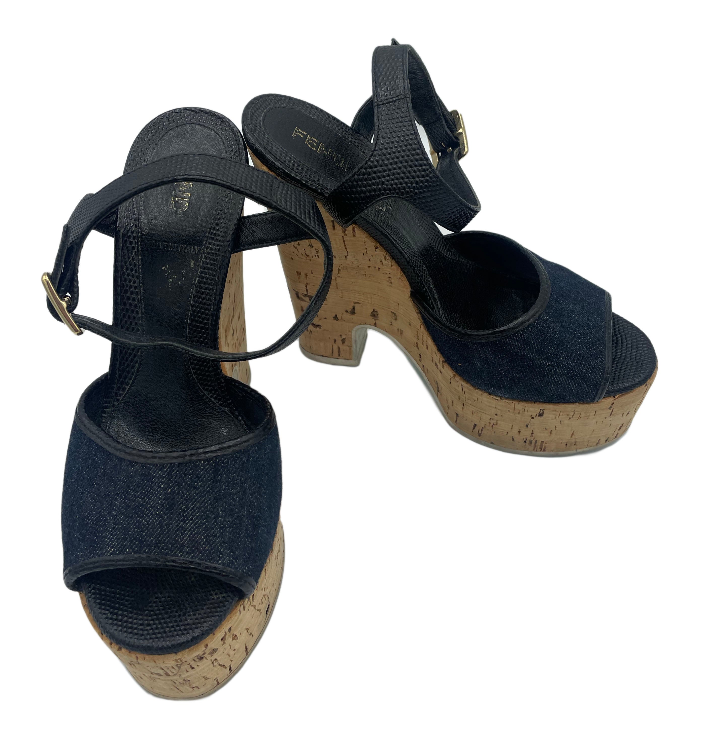 Fendi 2000's Blue Denim Cork Wedge Sandal Heels - The Way We Wore