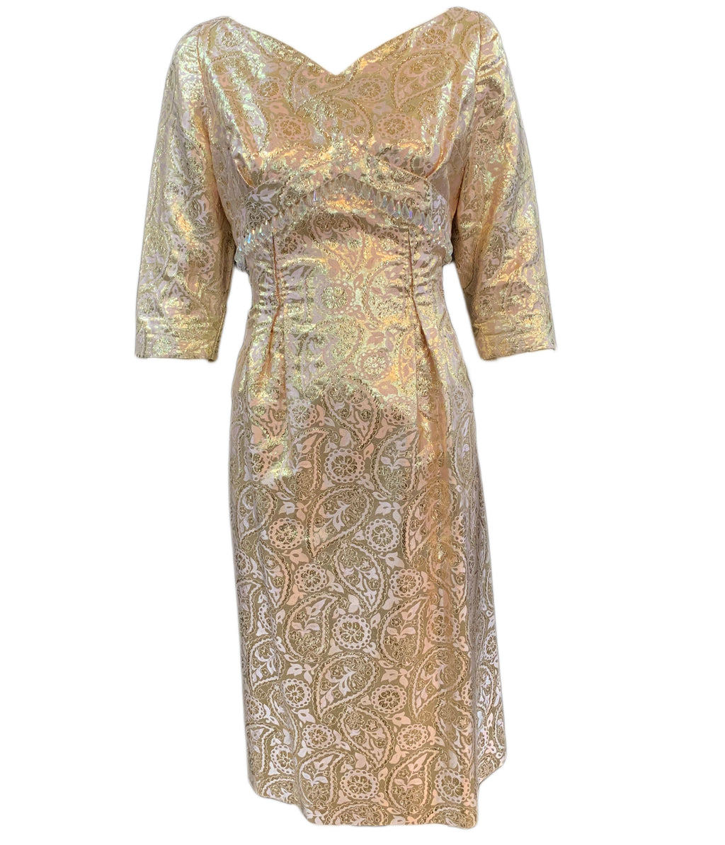 60s dress gold lame jacquard cocktail wiggle dress