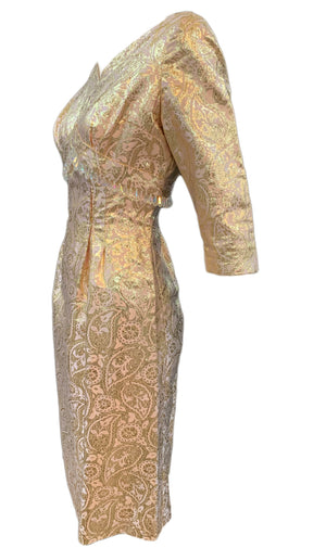 60s dress gold lame jacquard cocktail wiggle dress, side