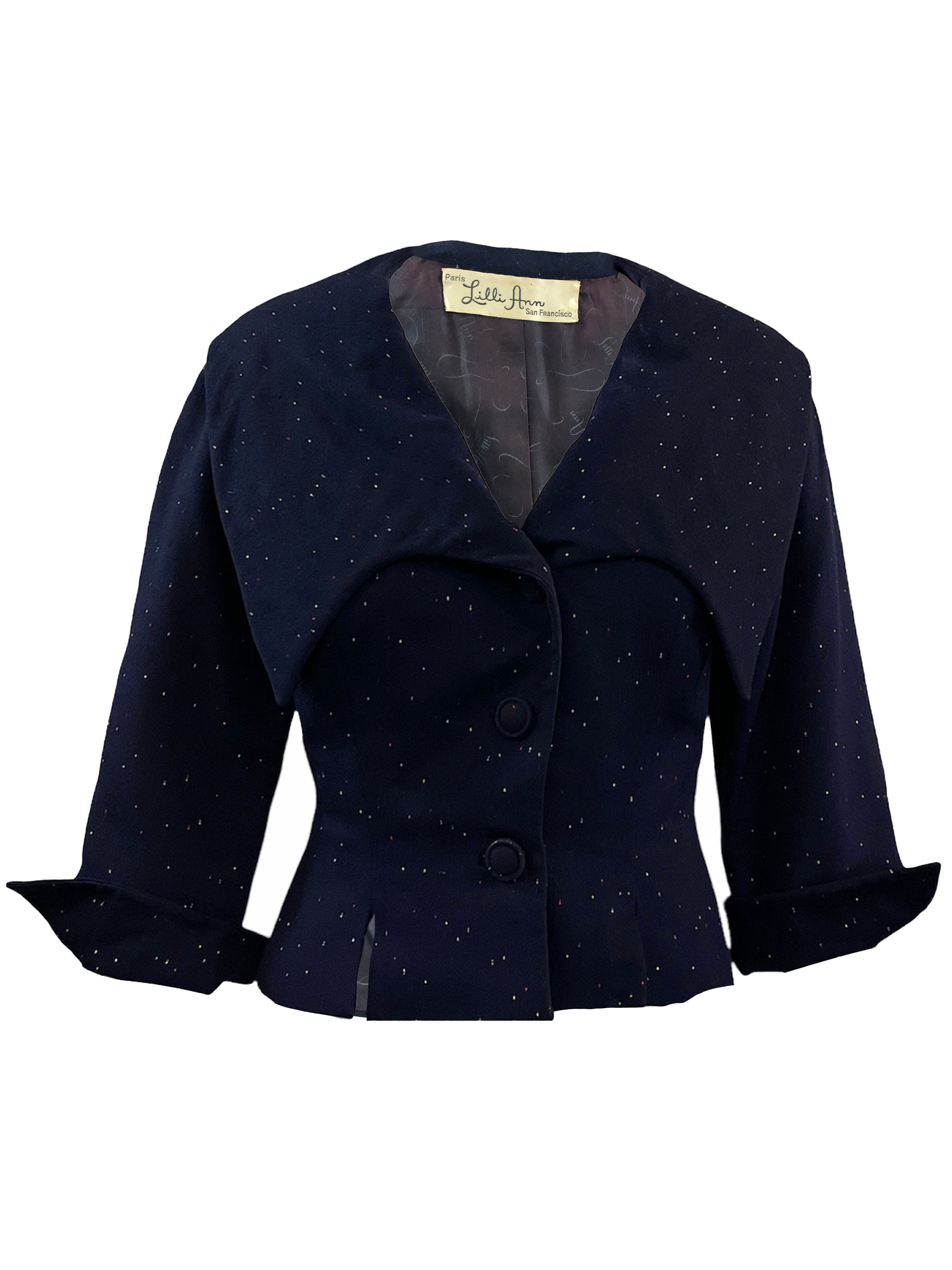 Lilli Ann 50s Blue Wool Rainbow Speckled Jacket FRONT COLLAR DOWN  2 of 8