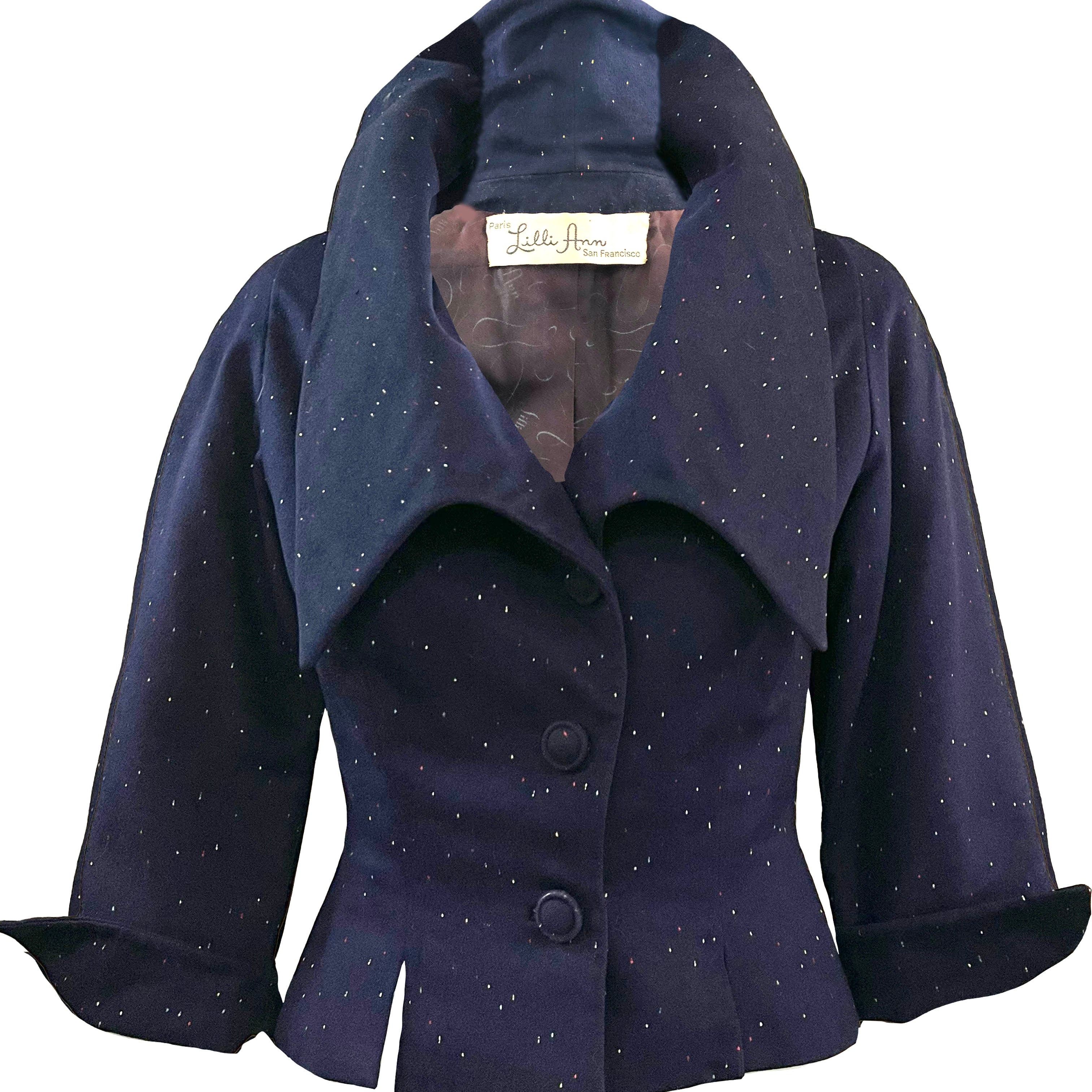 Lilli Ann 50s Blue Wool Rainbow Speckled Jacket FRONT COLLAR UP 1 of 8