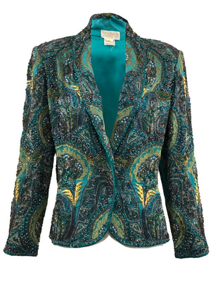  Victorian Royal 60s Turquoise Blue Heavily Beaded Evening Jacket FRONT 1 of 5
