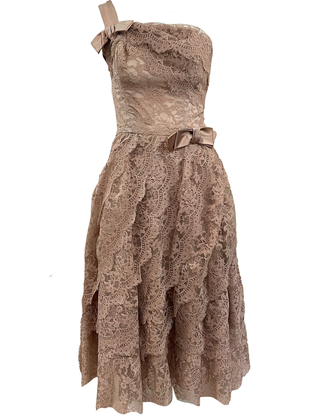 50s Mocha Brown Lace Cocktail Dress  FRONT 1 of 5