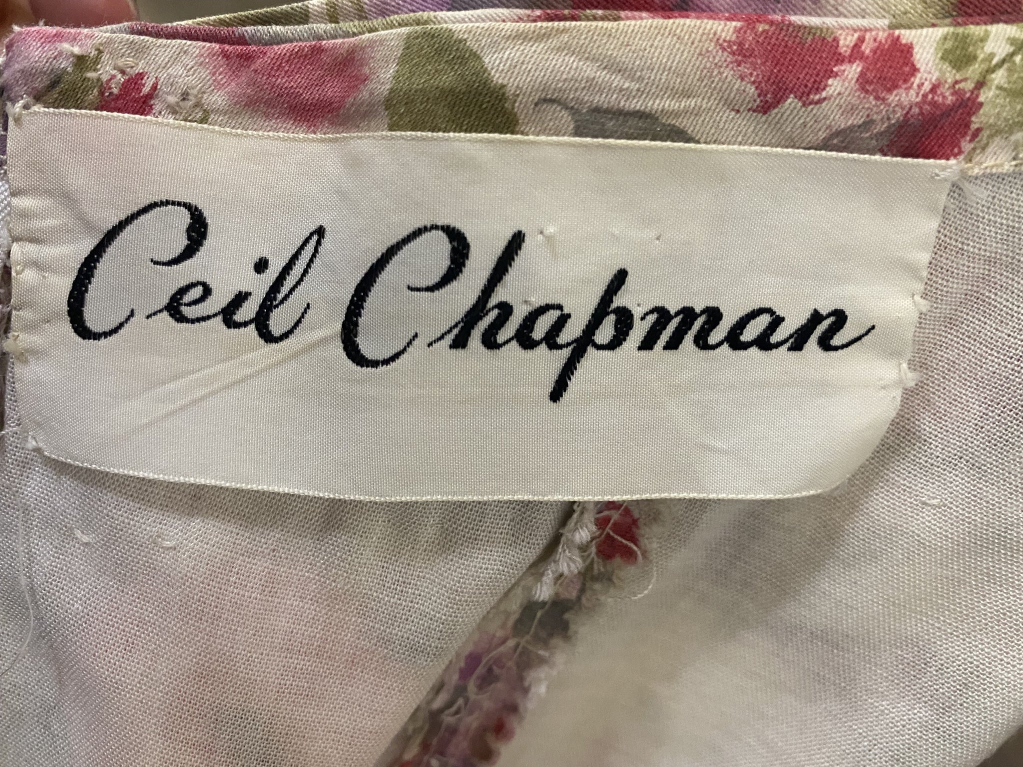 Ceil Chapman 50s Floral Cotton Sexy Shirred Wiggle Dress LABEL 5 of 5