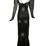 Heidi Beck Contemporary  Black Crochet  Gown Encrusted with Rhinestones
