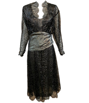Jean Louis Scherrer 2 Pc Black Metallic Lace Cocktail Dress Front 1 of 5