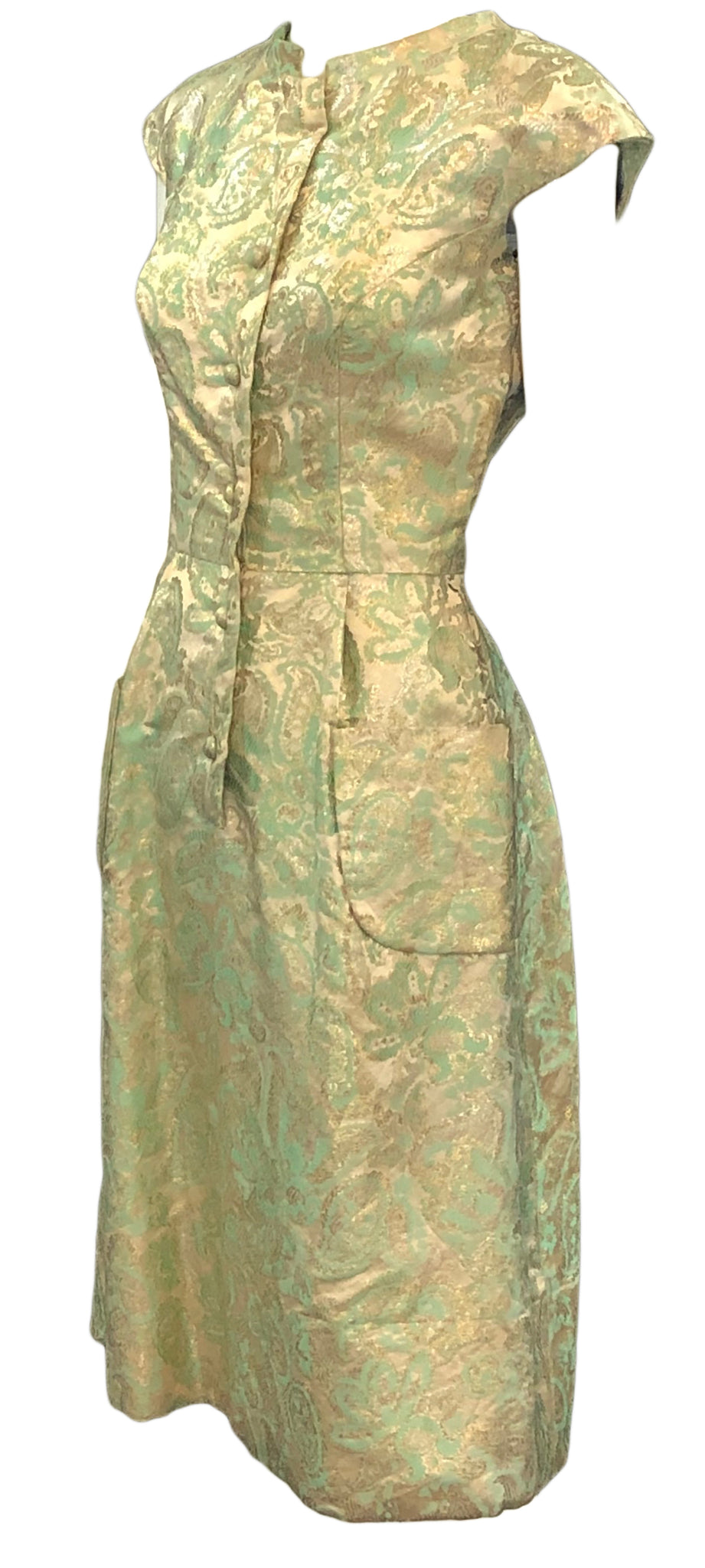 60's Metallic Green Jacquard Dress, side