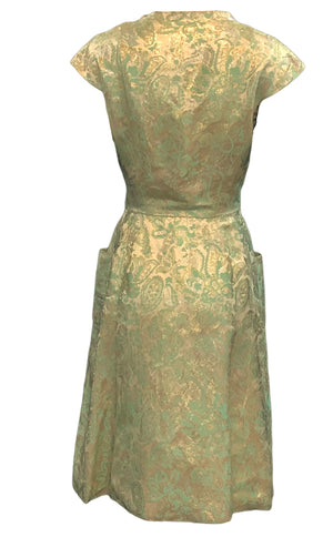 60's Metallic Green Jacquard Dress, back