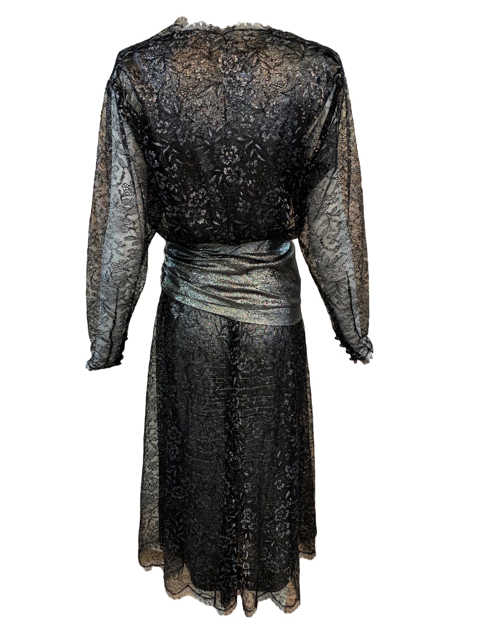 Jean-Louis Scherrer 2 Silver & Navy Metallic Velvet Long Sleeve Sheath Dress