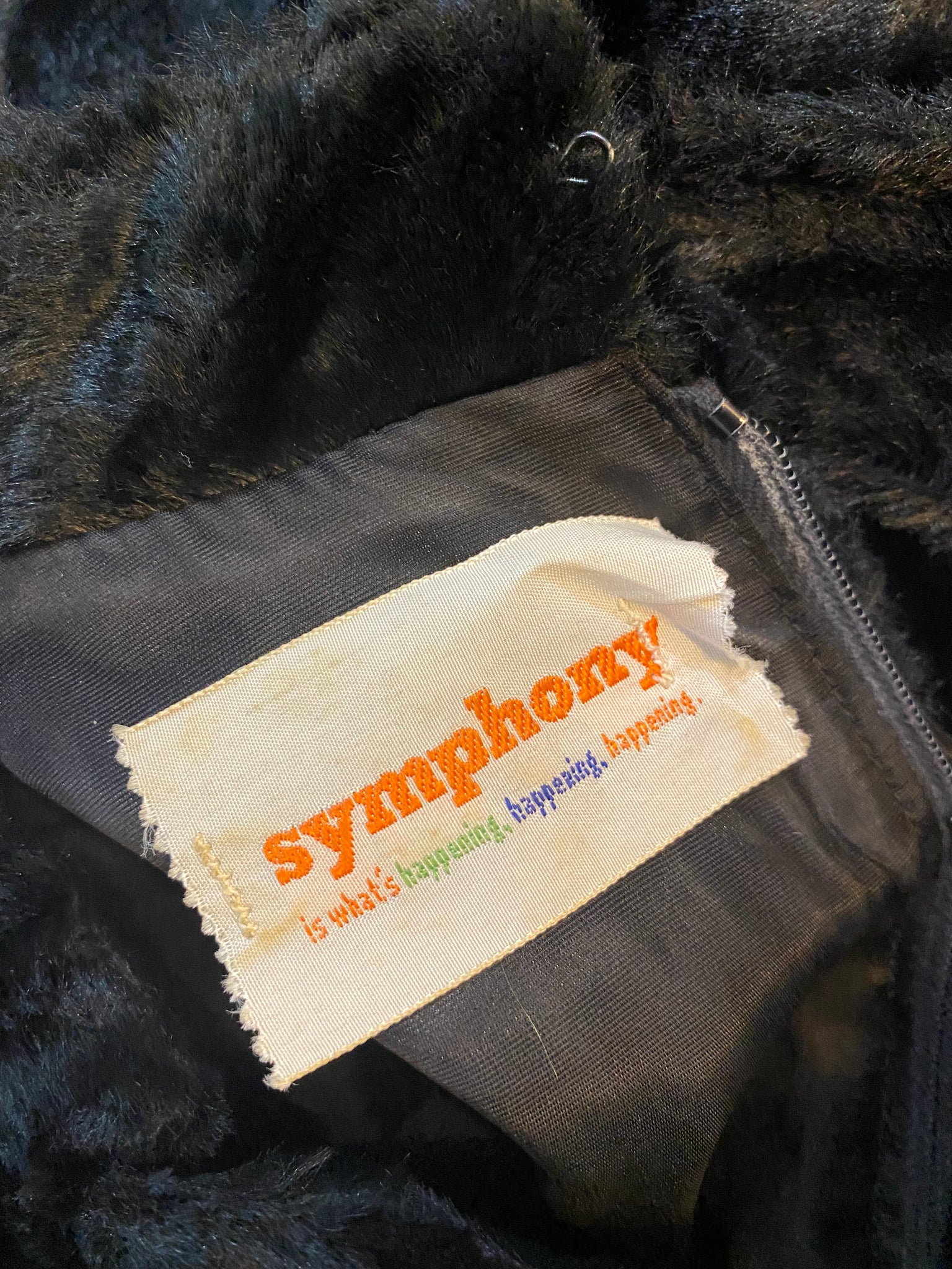 60s Symphony Black Faux Fur Mod Dress with Sash Belt LABEL 5 of 5