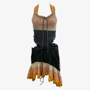 Genuine 1960s Hippie Handmade Halter Crochet and Leather Dress