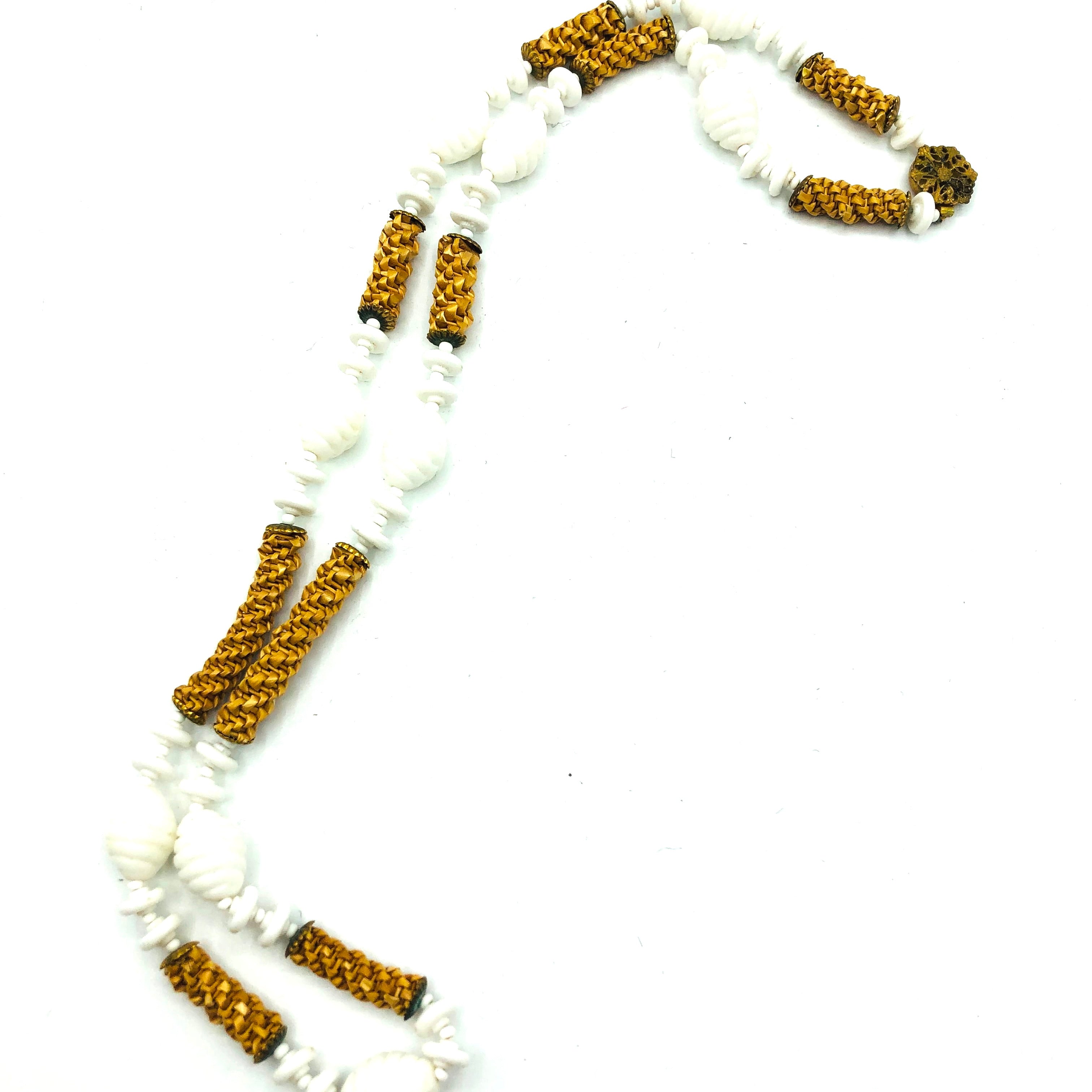 Miriam Haskell Unusual Milk Glass and Raffia Necklace and Bracelet 2 of 5