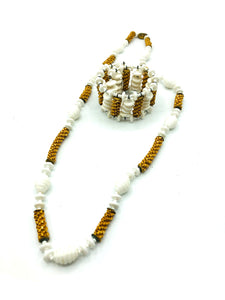 Miriam Haskell Unusual Milk Glass and Raffia Necklace and Bracelet 1 of 5