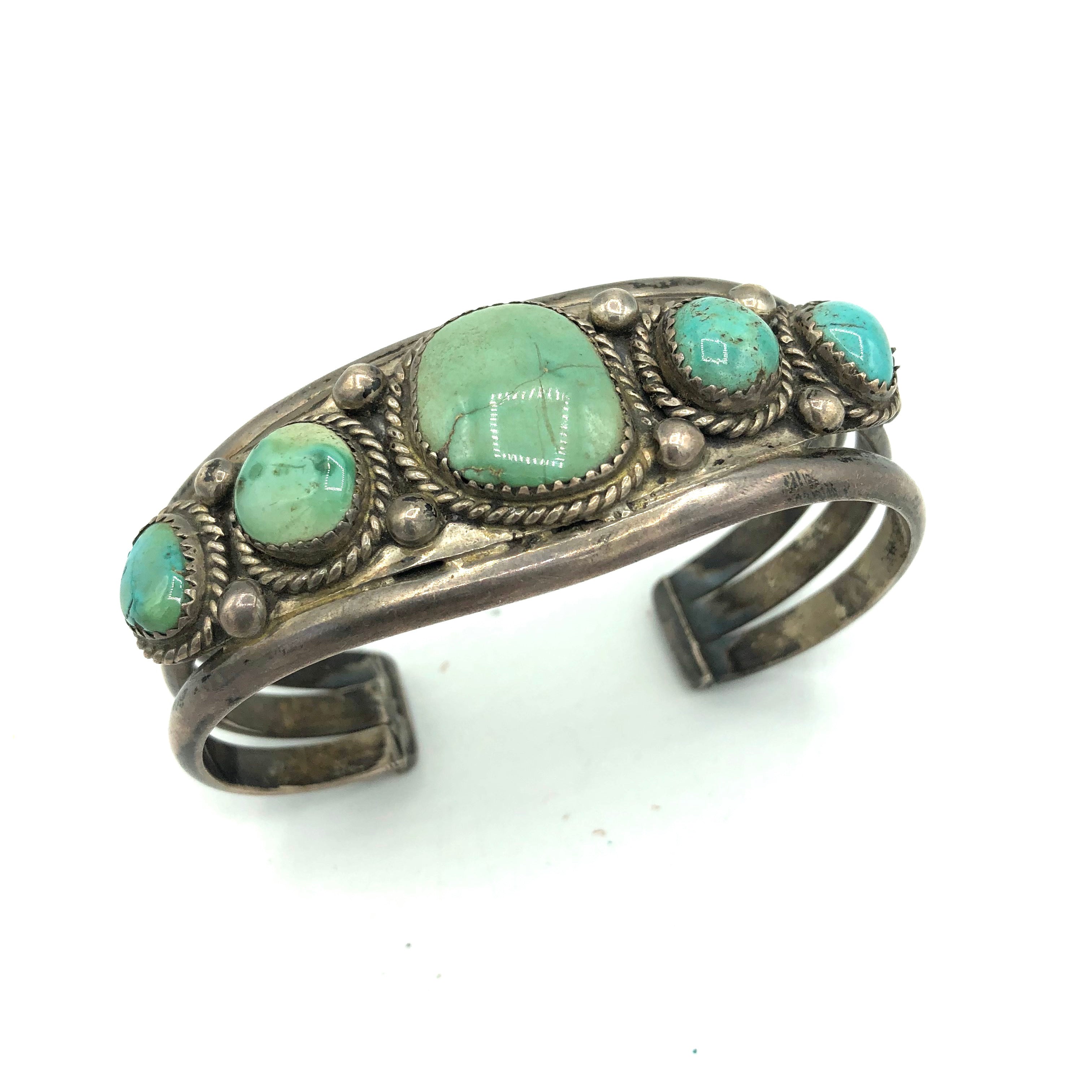 Native American Heavy Silver Cuff with Graduated Turquoise Stones 1 of 4