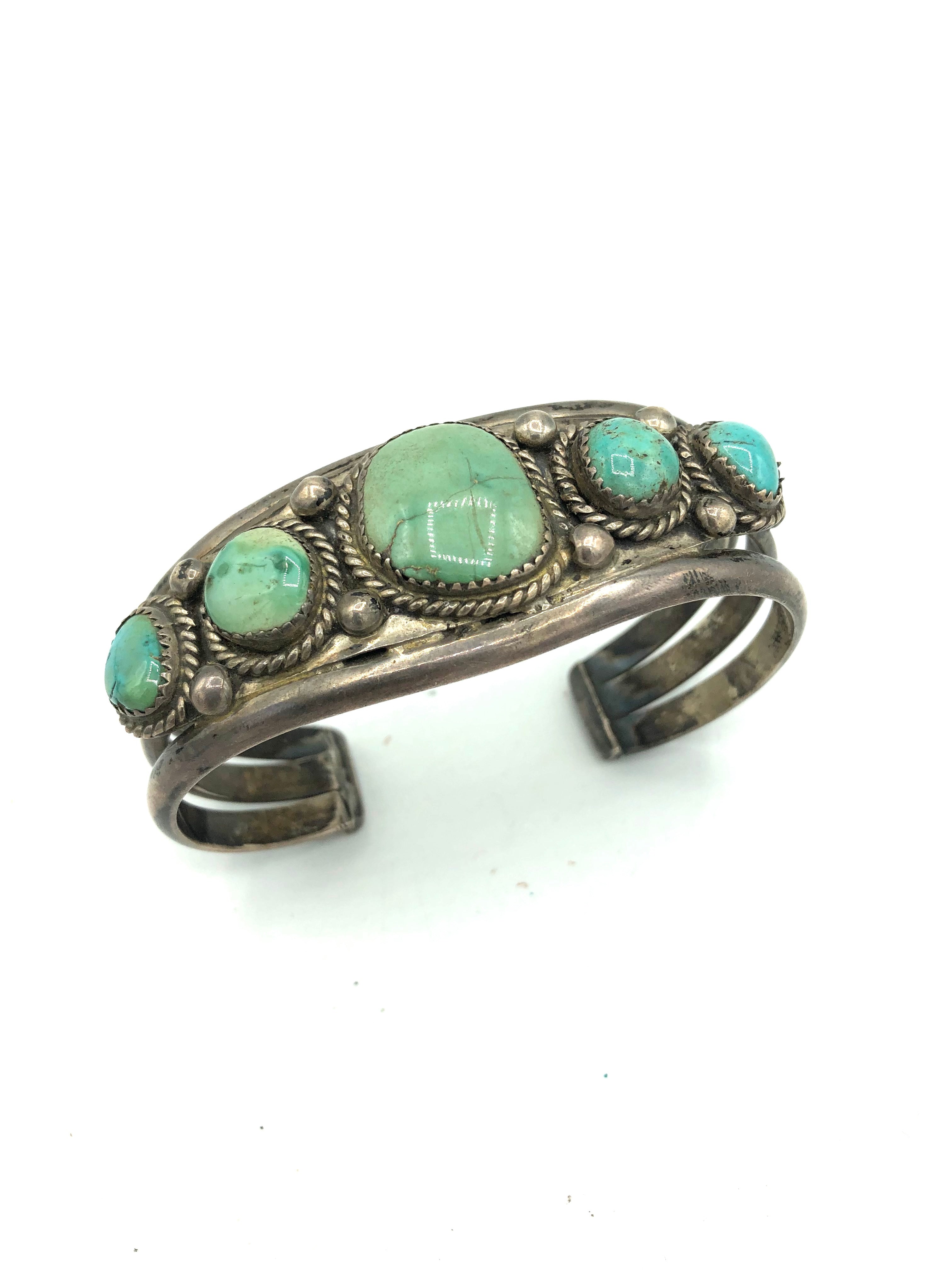 Native American Heavy Silver Cuff with Graduated Turquoise Stones 1 of 4