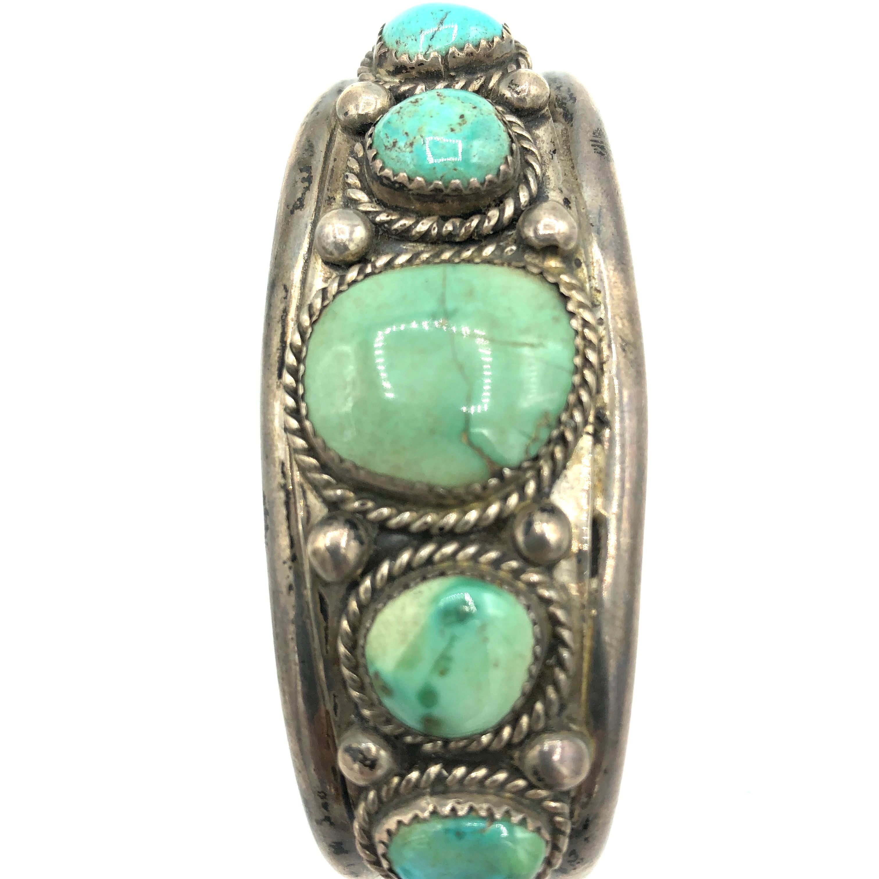 Native American Heavy Silver Cuff with Graduated Turquoise Stones 2 of 4