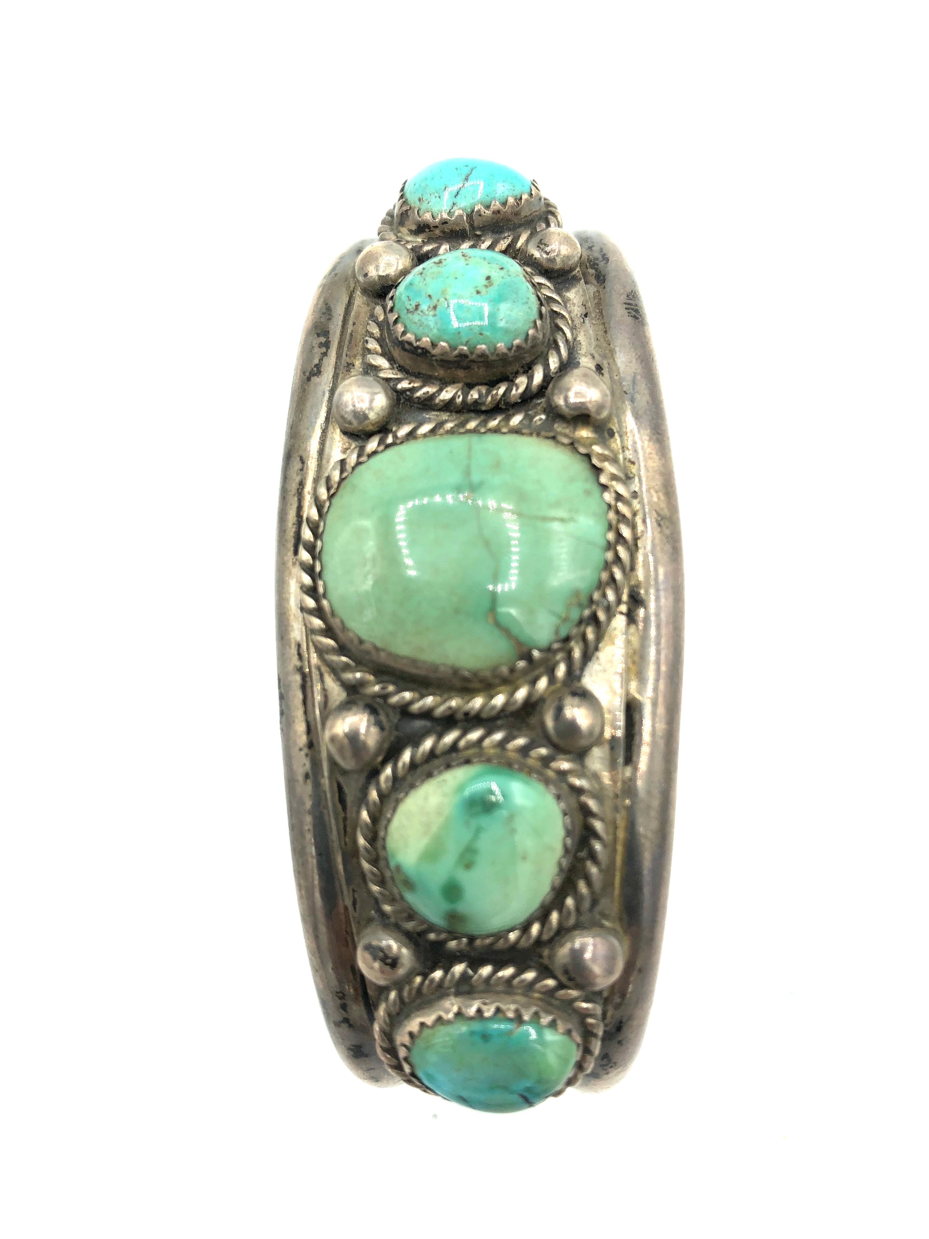 Native American Heavy Silver Cuff with Graduated Turquoise Stones 2 of 4