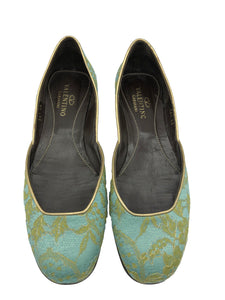 Valentino Contemporary Turquoise Satin Ballet Flats with Gold Lace Overlay 1 of 5