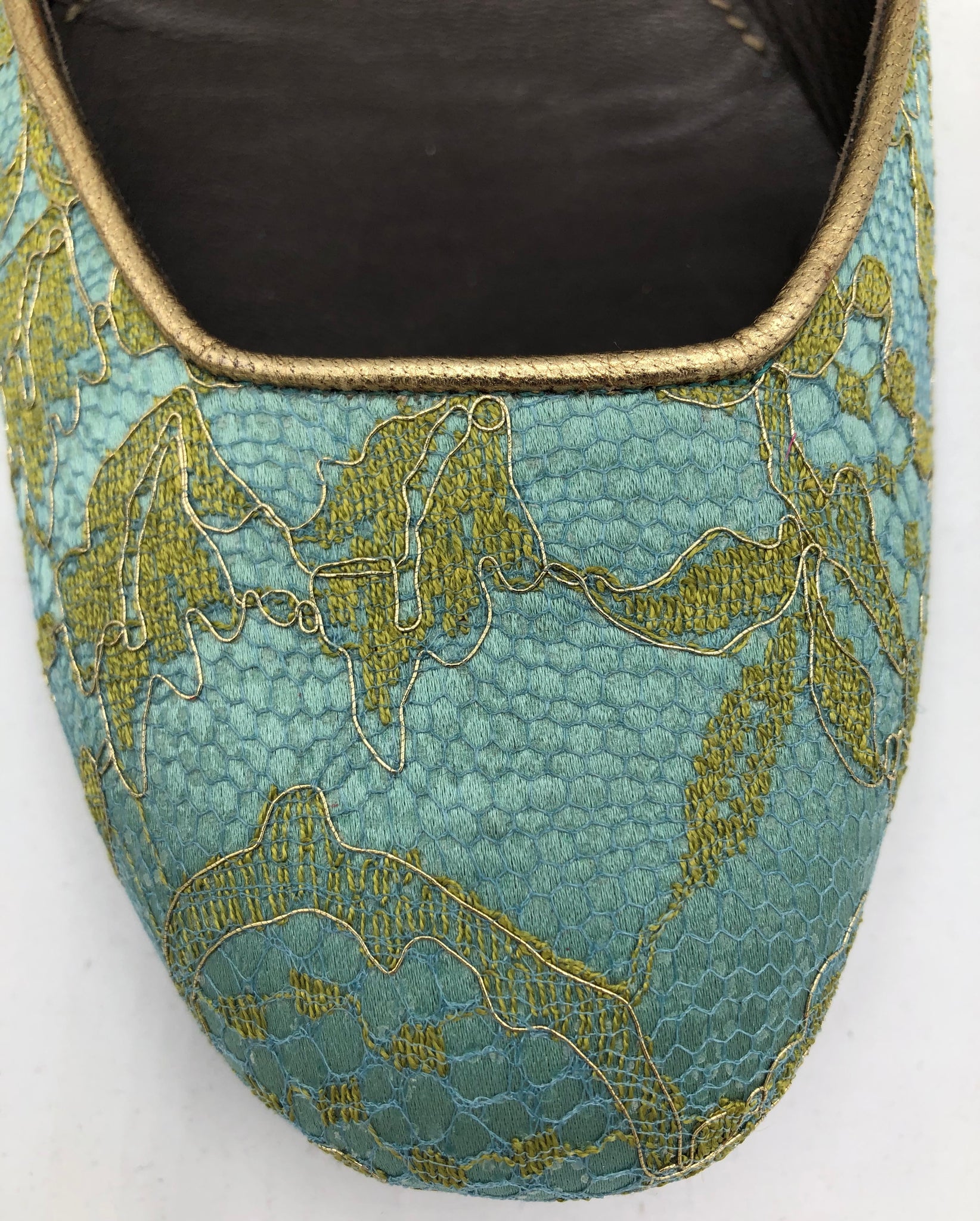 Valentino Contemporary Turquoise Satin Ballet Flats with Gold Lace Overlay 3 of 5