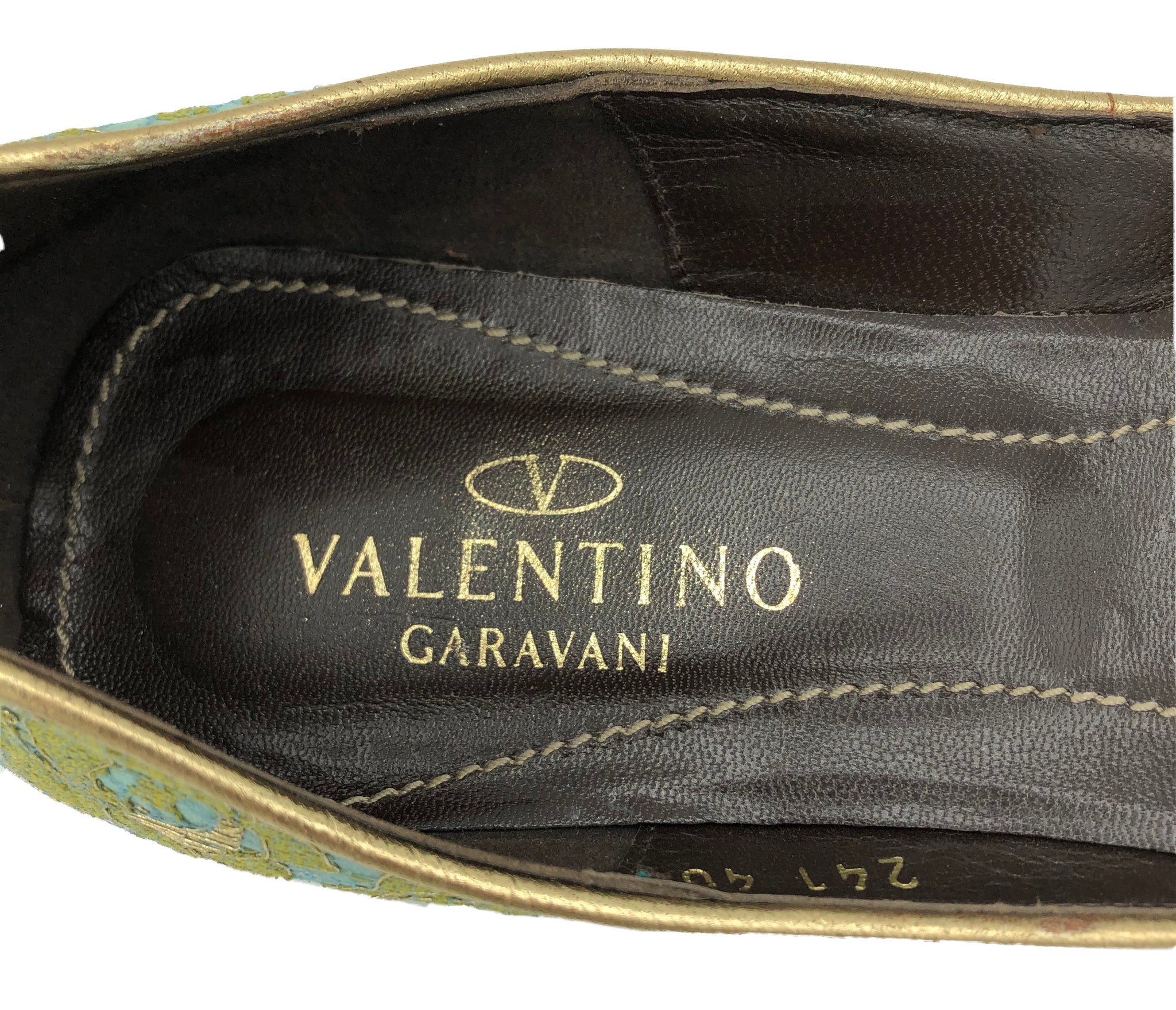 Valentino Contemporary Turquoise Satin Ballet Flats with Gold Lace Overlay 5 of 5