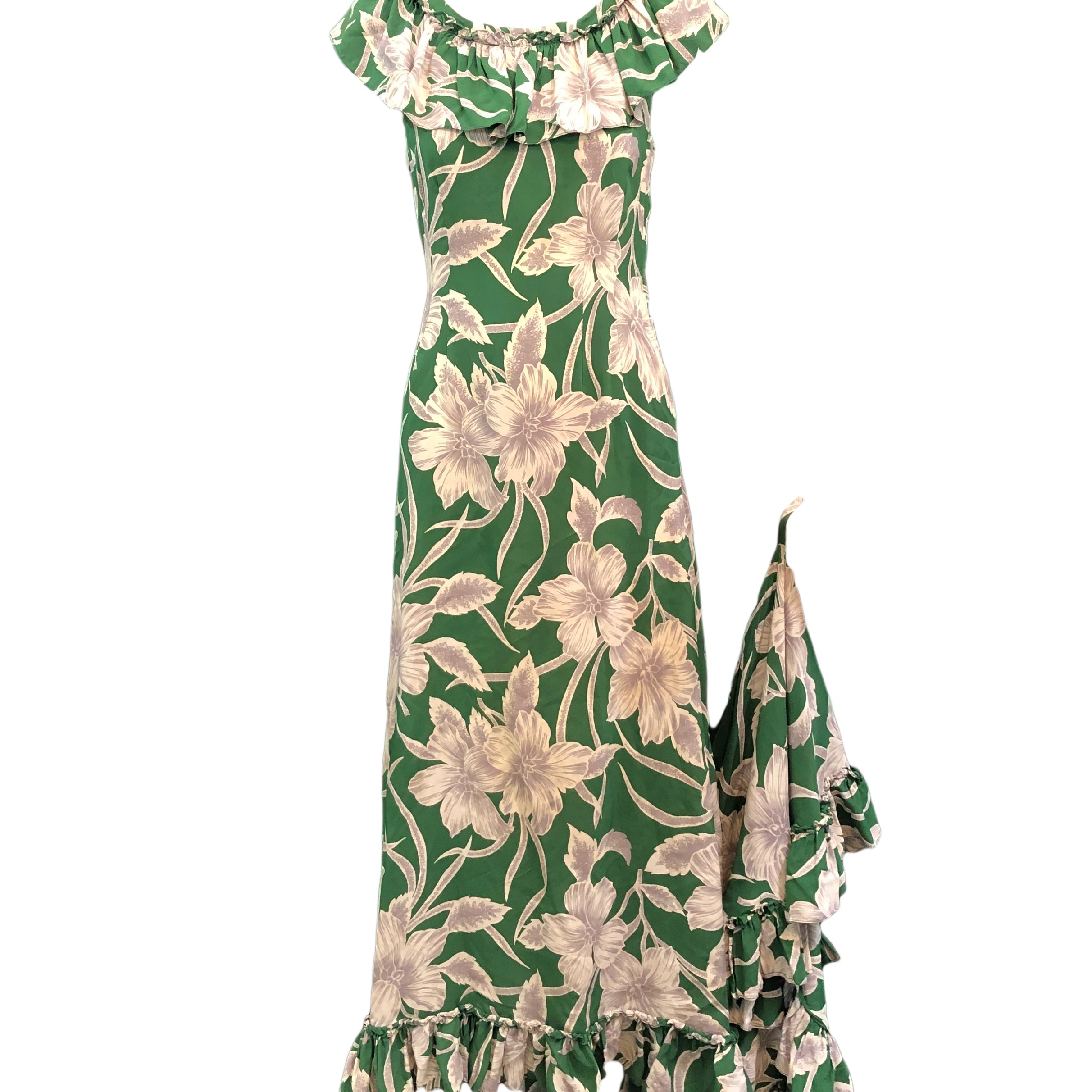 Incredible 1940s Green  Rayon Print Holoku Dress Front 1 of 7