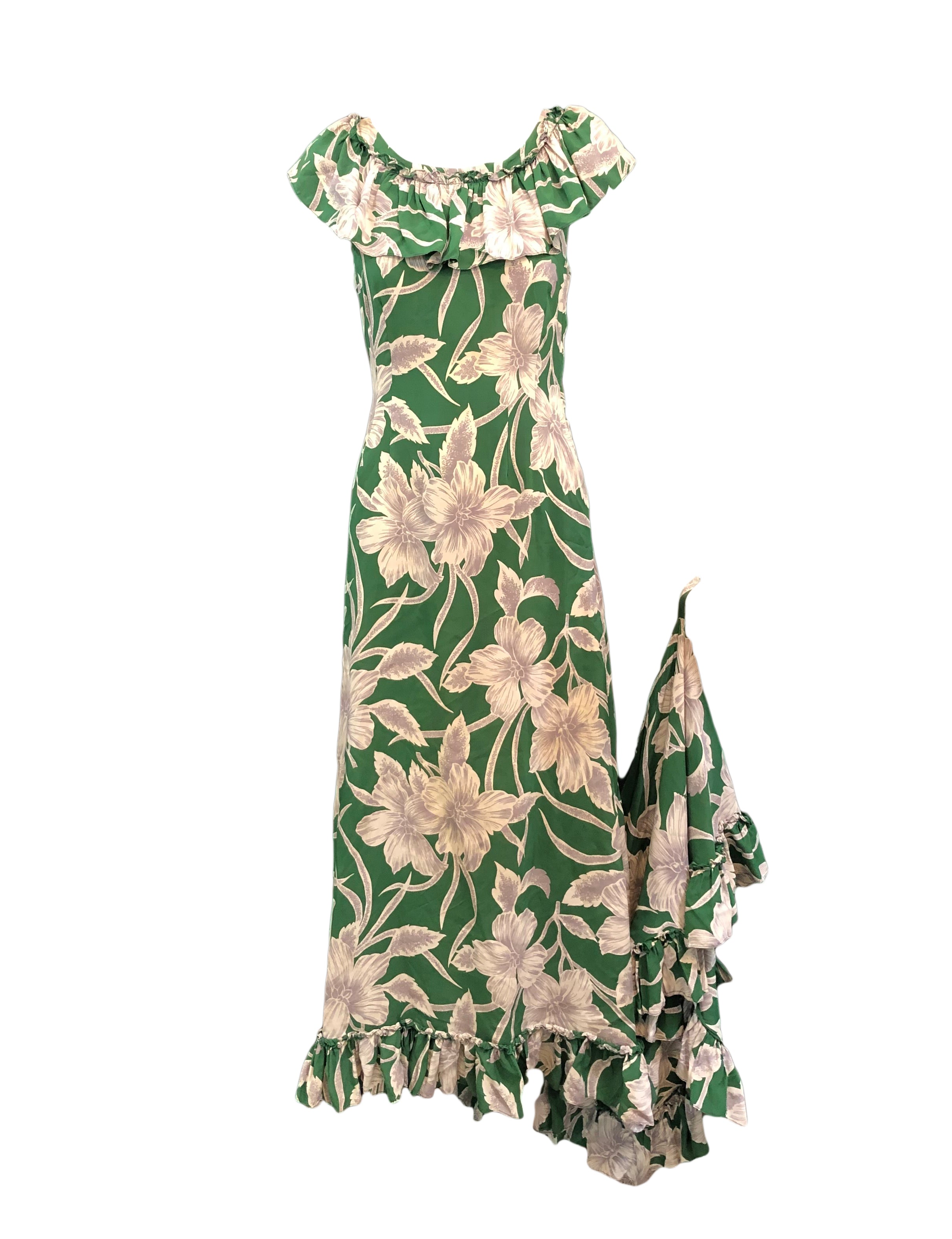1940's Green Rayon Print Hawaiian Holoku Dress THE WAY WE WORE 1940's Green Rayon Print Hawaiian Holoku Dress THE WAY WE WORE