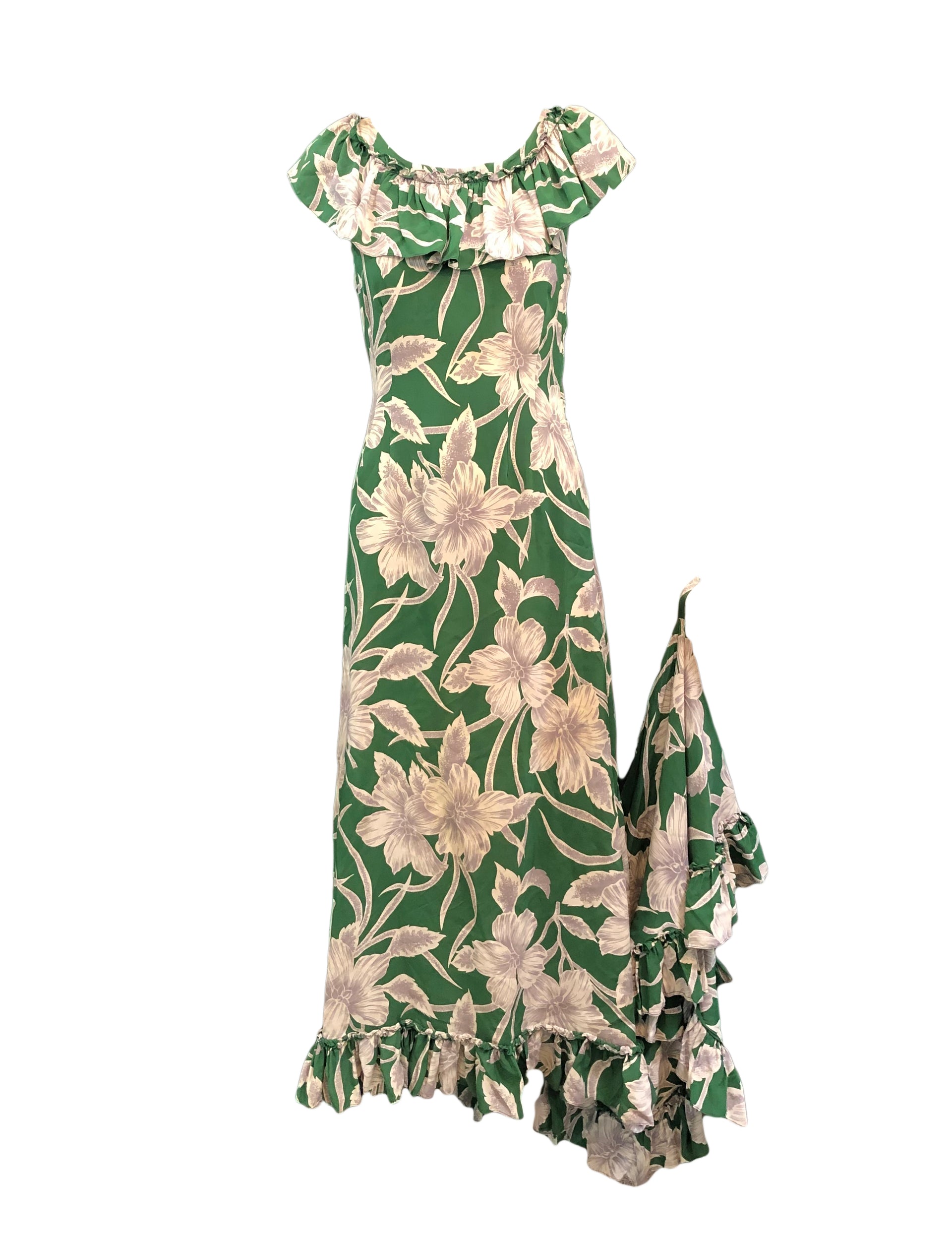 green hawaiian dress Straight Column Hawaiian Dress with Green Lei Print L main image 1