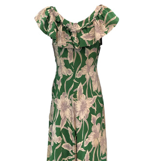 Incredible 1940s Green  Rayon Print Holoku Dress Detail A 4 of 7