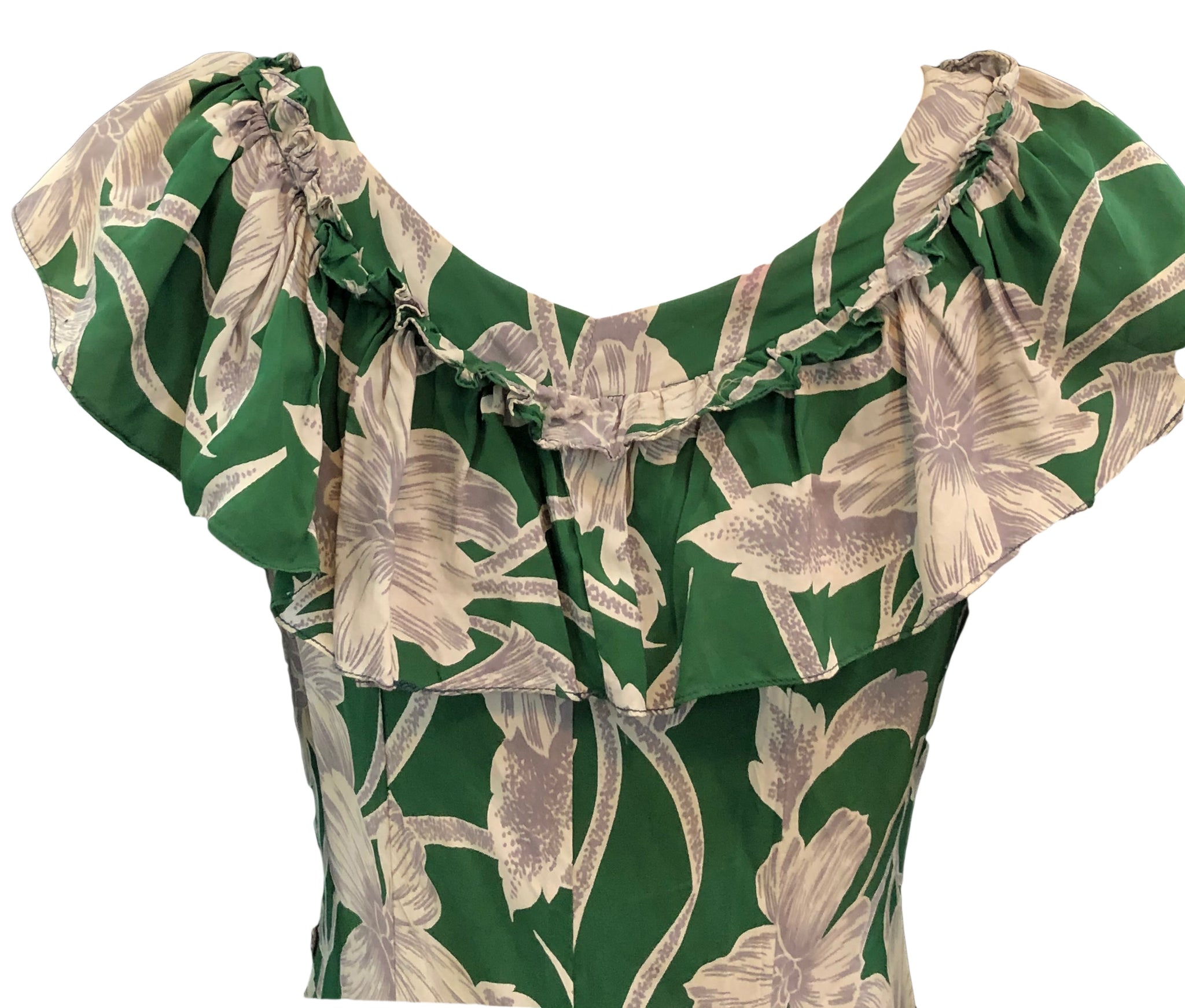 Incredible 1940s Green  Rayon Print Holoku Dress Detail B 5 of 7