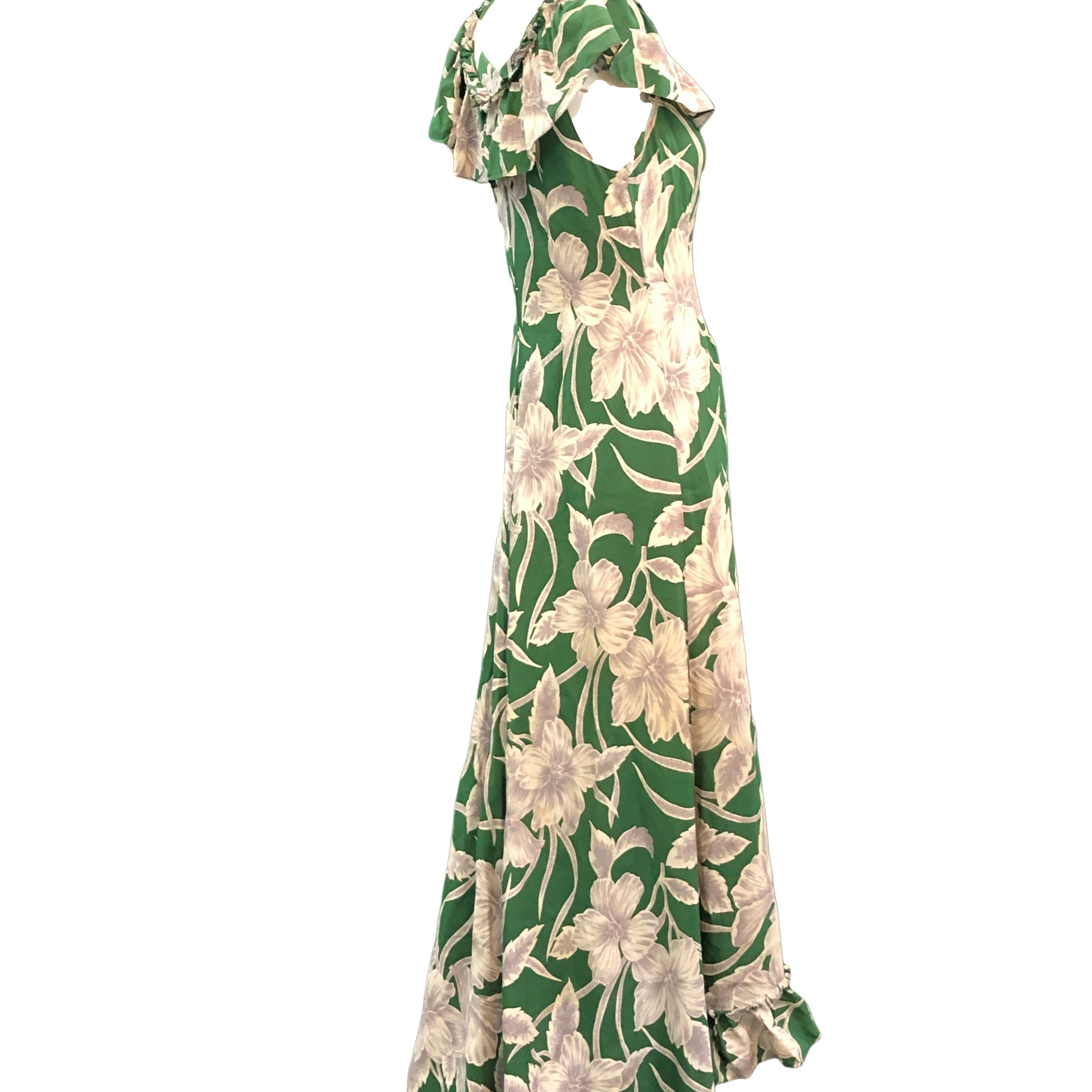 Incredible 1940s Green  Rayon Print Holoku Dress Side 2 of 7