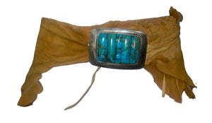 80s Raw Edged Suede  Belt With Large Turquoise Buckle FRONT 1 of 5
