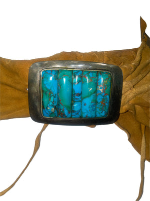 80s Raw Edged Suede  Belt With Large Turquoise Buckle DETAIL BUCKLE 4 of 5