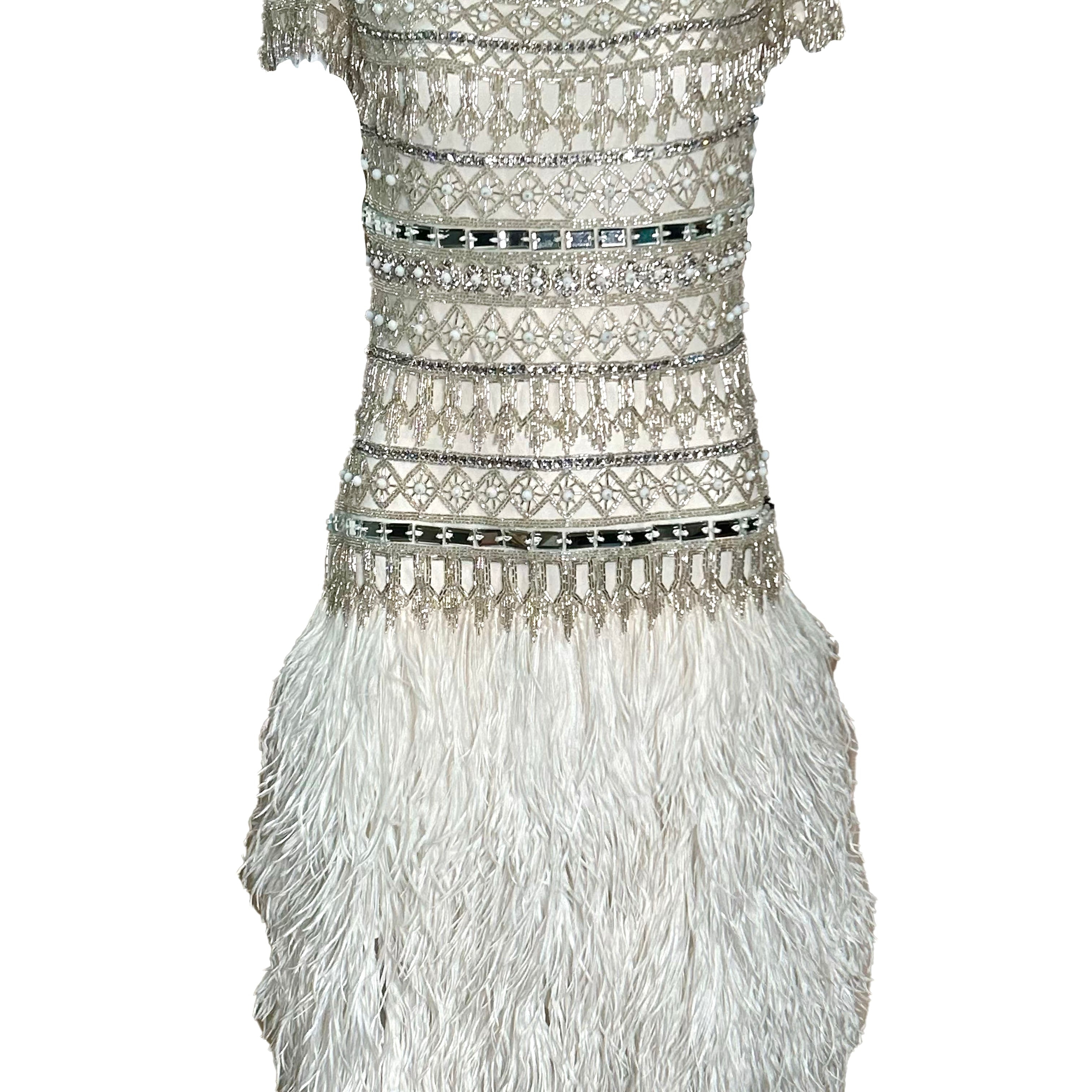  Naeem Khan 2014 White Sequin and Beaded Cocktail Dress with Feathers FRONT 1 of 7