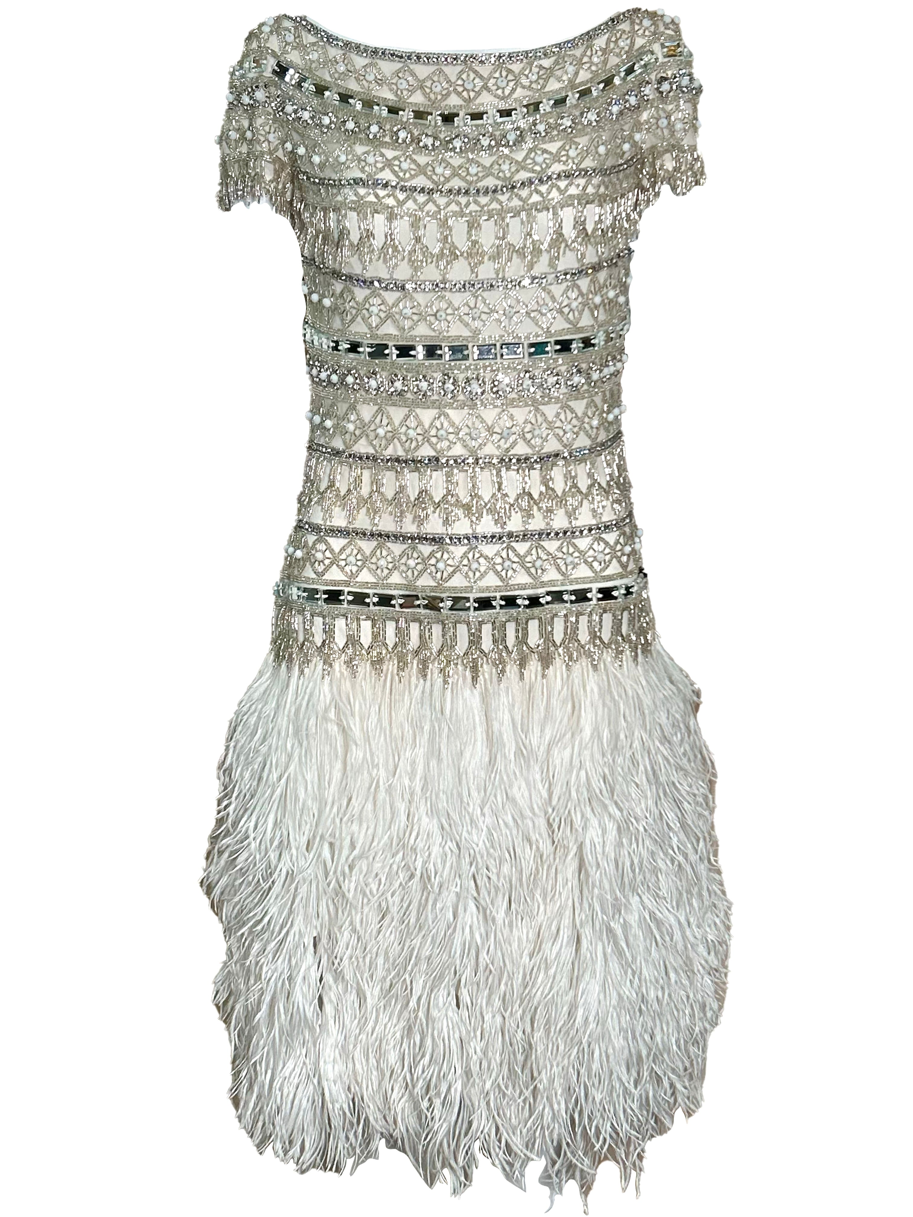 Naeem Khan 2014 White Sequin and Beaded Cocktail Dress with Feathers