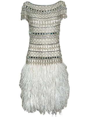  Naeem Khan 2014 White Sequin and Beaded Cocktail Dress with Feathers FRONT 1 of 7