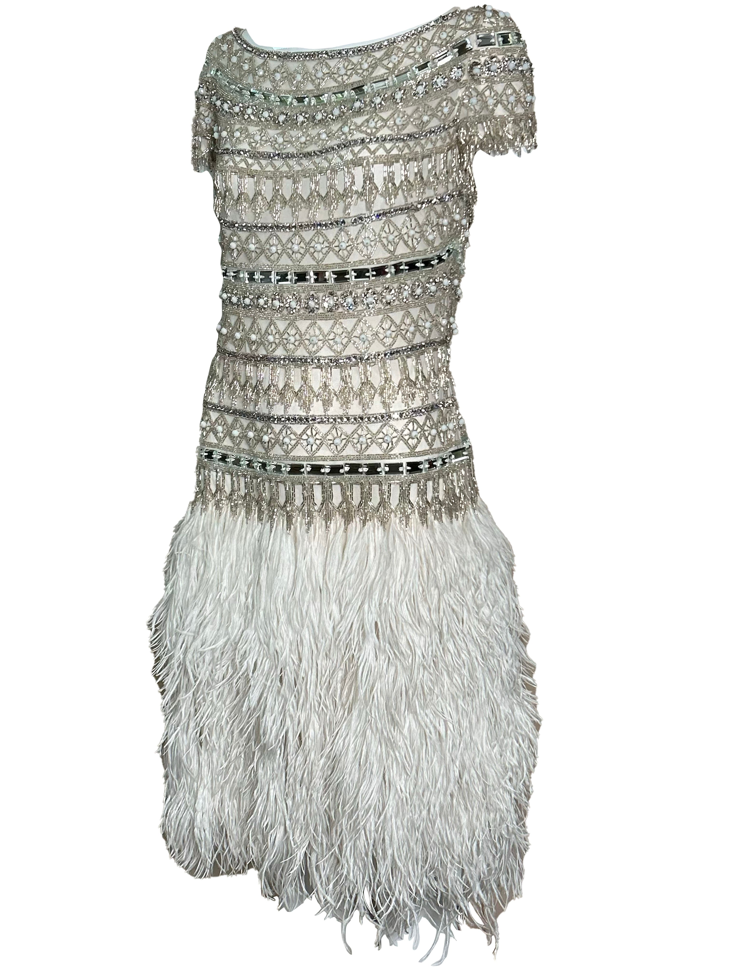 Naeem Khan 2014 White Sequin and Beaded Cocktail Dress with Feathers Naeem Khan 2014 White Sequin and Beaded Cocktail Dress with Feathers