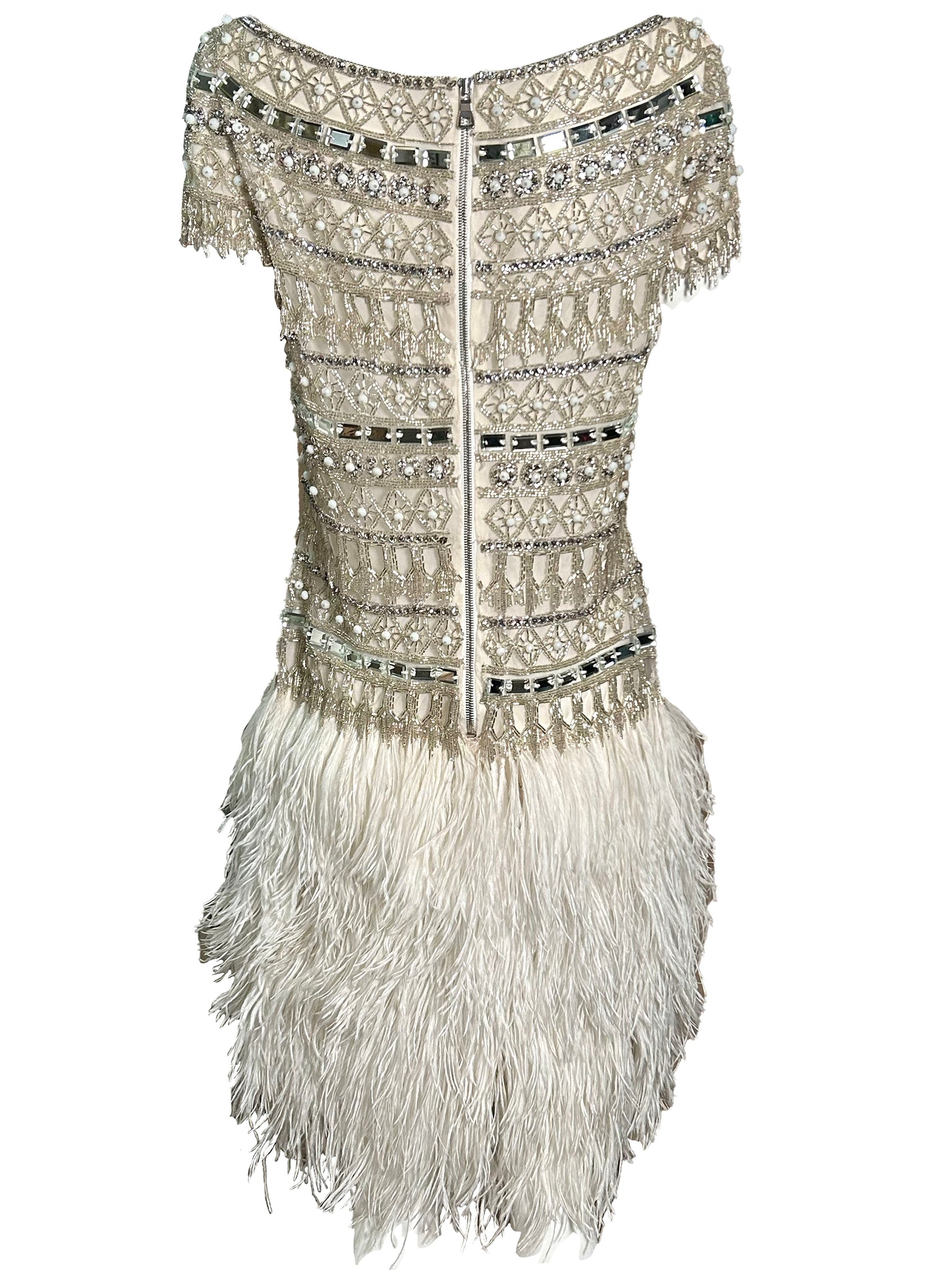  Naeem Khan 2014 White Sequin and Beaded Cocktail Dress with Feathers BACK 3 of 7