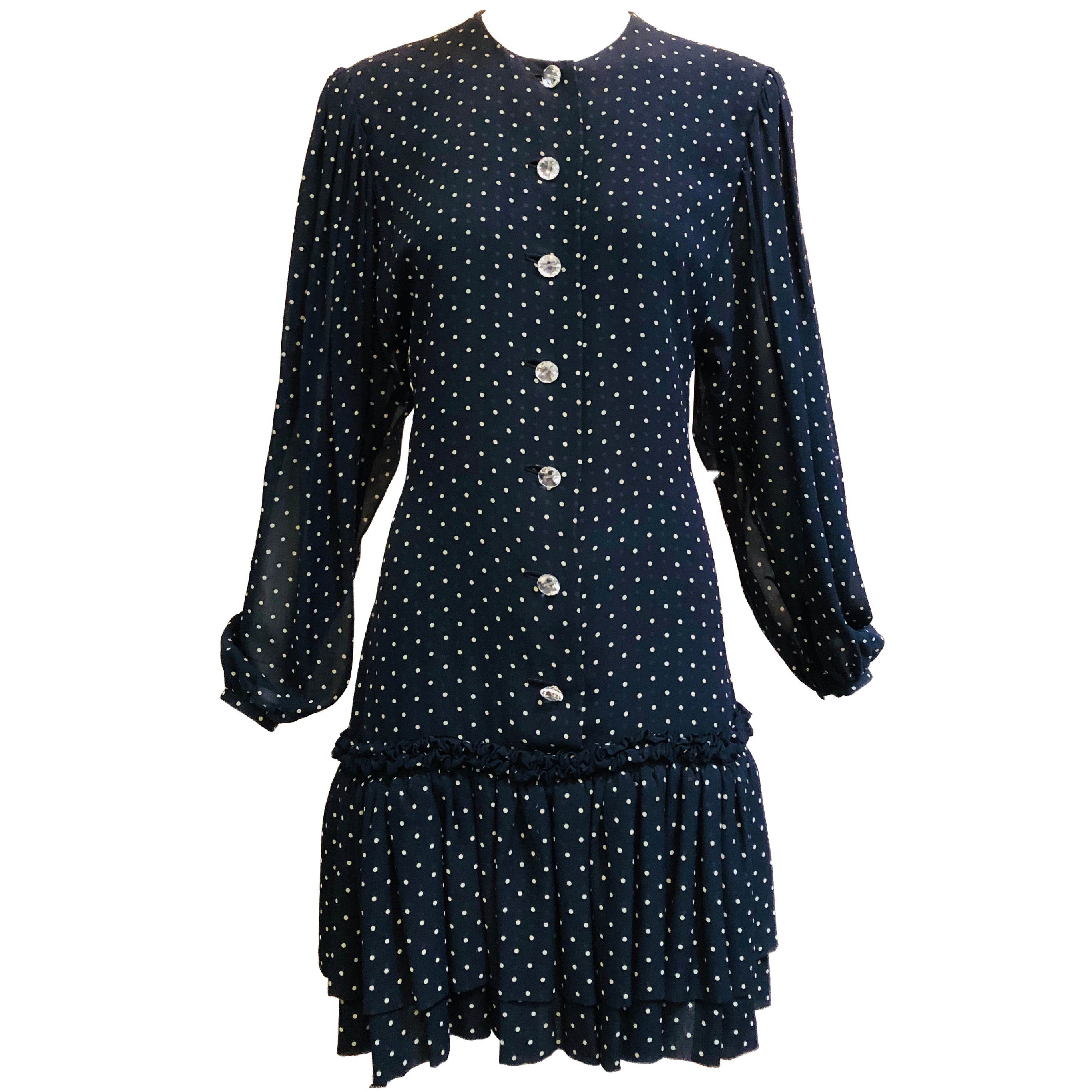 Galanos Attribution Dress Blue Silk Polka Dot Mini FRONT 1 of 4