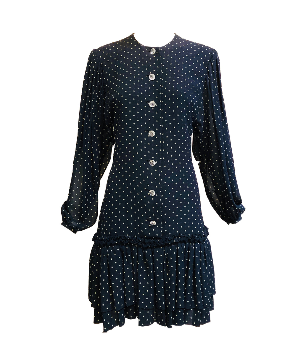 Galanos Attribution Dress Blue Silk Polka Dot Mini FRONT 1 of 4