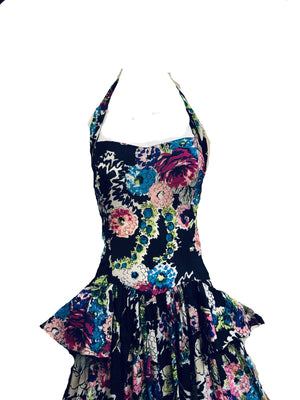 40s Black Floral Halter Gown with Peplum DETAIL 5 of 5