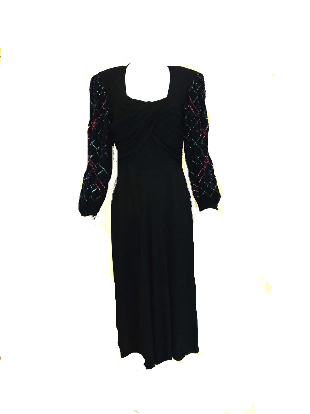 40s Black Crepe Long Sleeve Dress  with Sequin Detailed Sleeves and Draped Bodice FRONT 1 of 4