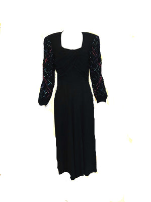 40s Black Crepe Long Sleeve Dress  with Sequin Detailed Sleeves and Draped Bodice FRONT 1 of 4