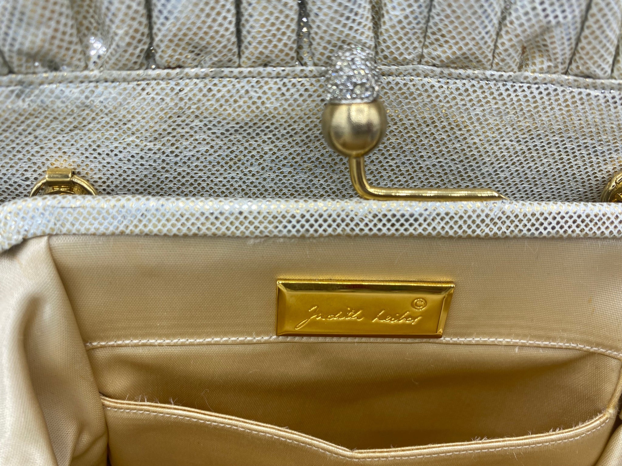 Judith Leiber 90s  Iridescent White Clutch with Kiss Lock LABEL 4 of 4