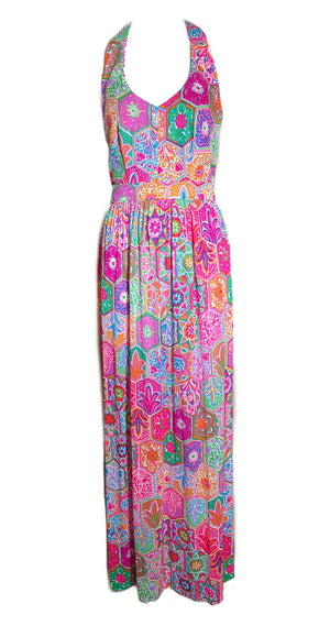  70s Acid Tone Psychedelic Polyester Halter Maxi Dress FRONT 1  of 5